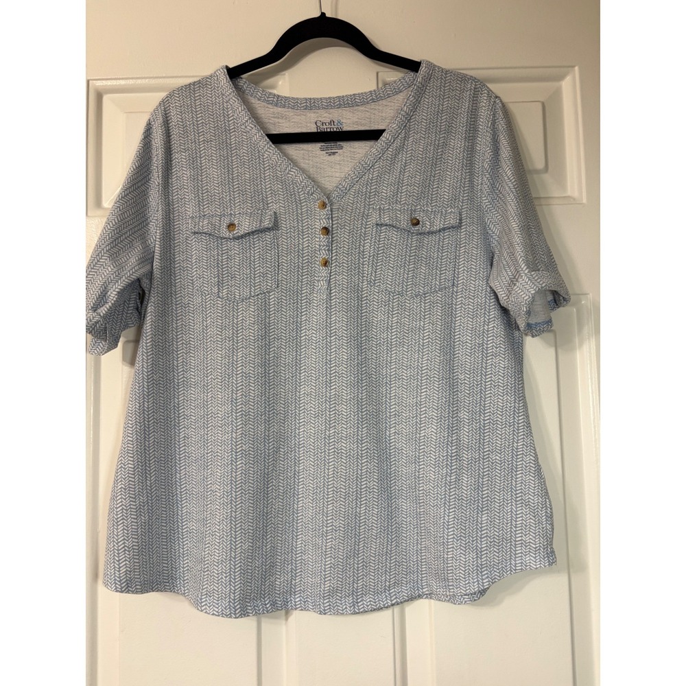 Croft & Barrow | Short Sleeve Henley Herringbone Top | X Large || Blue/White|